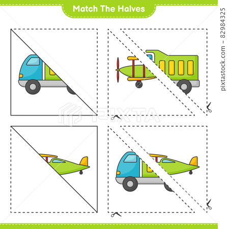 Match the halves. Match halves of Lorry and Plane. Educational children game, printable worksheet, vector illustration Match the halves. Match halves of Lorry and Plane. Educational children game, printable worksheet, vector illustration 82984325