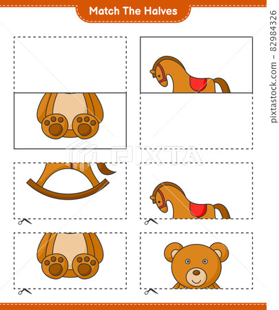 Match the halves. Match halves of Teddy Bear and Rocking Horse. Educational children game, printable worksheet, vector illustration Match the halves. Match halves of Teddy Bear and Rocking Horse. Educational children game, printable worksheet, vector illustration 82984326