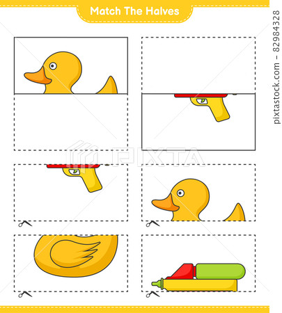 Match the halves. Match halves of Rubber Duck and Water Gun. Educational children game, printable worksheet, vector illustration Match the halves. Match halves of Rubber Duck and Water Gun. Educational children game, printable worksheet, vector illustration 82984328