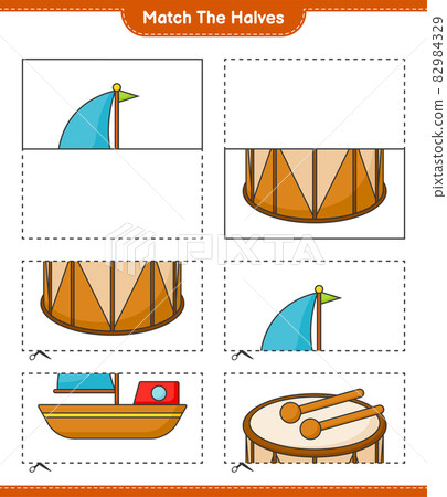 Match the halves. Match halves of Boat and Drum. Educational children game, printable worksheet, vector illustration Match the halves. Match halves of Boat and Drum. Educational children game, printable worksheet, vector illustration 82984329