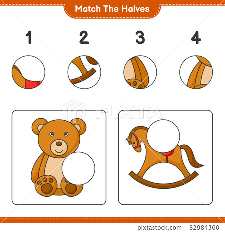 Match the halves. Match halves of Teddy Bear and Rocking Horse. Educational children game, printable worksheet, vector illustration Match the halves. Match halves of Teddy Bear and Rocking Horse. Educational children game, printable worksheet, vector illustration 82984360