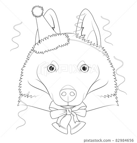 Christmas greeting card for coloring. Schipperke dog wearing a party hat 82984656