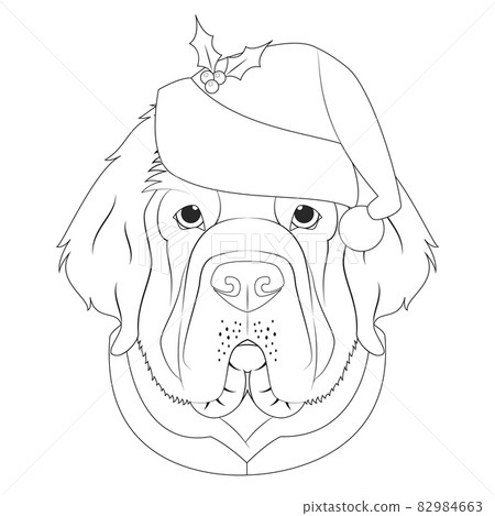 Christmas greeting card for coloring. Newfoundland dog with Santa's hat 82984663