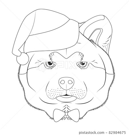 Christmas greeting card for coloring. Akita Inu dog with Santa's hat and bow tie Christmas greeting card for coloring. Akita Inu dog with Santa's hat and bow tie 82984675