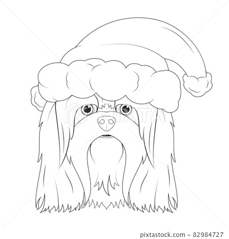 Christmas greeting card for coloring. Lhasa Apso dog with Santa's hat Christmas greeting card for coloring. Lhasa Apso dog with Santa's hat 82984727