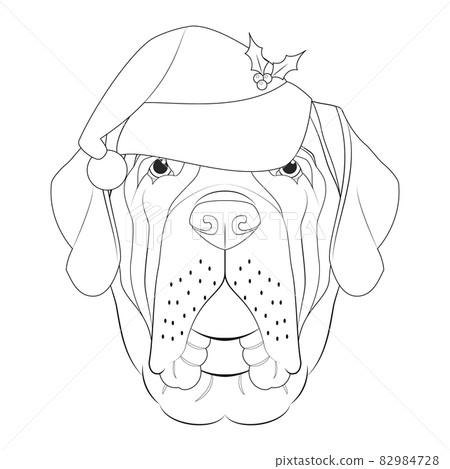 Christmas greeting card for coloring. English Mastiff dog with Santa's hat Christmas greeting card for coloring. English Mastiff dog with Santa's hat 82984728