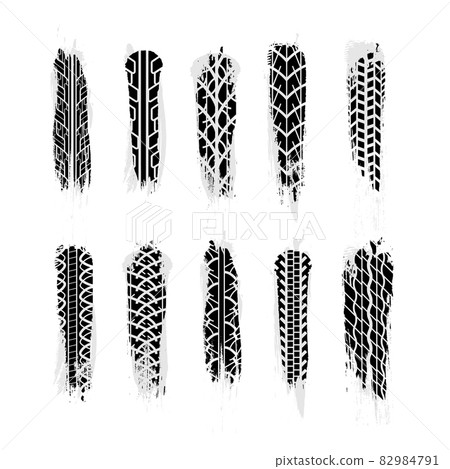 Largest set of realistic grunge wheel tires traces, car tread tracks on white Largest set of realistic grunge wheel tires traces, car tread tracks on white 82984791