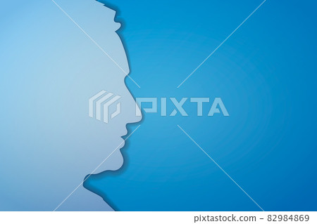 Papercut mans face silhouette on blue background 82984869