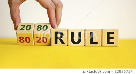 80 on 20 rule symbol. Male hand flips wooden cubes with words '80 on 20 rule'. Beautiful yellow table, white background, copy space. Business and 80 on 20 rule concept. 80 on 20 rule symbol. Male hand flips wooden cubes with words '80 on 20 rule'. Beautiful yellow table, white background, copy space. Business and 80 on 20 rule concept. 82985734