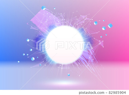 Abstract pink and blue vaporwave styled background with shiny neon frame, brush stroke, halftone blot and triangular dotted grid. 82985904