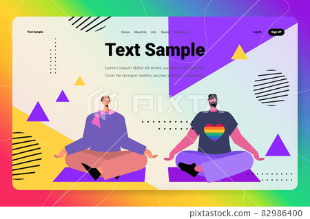gay couple practicing yoga exercise in lotus pose LGBT parade pride festival transgender love concept 82986400