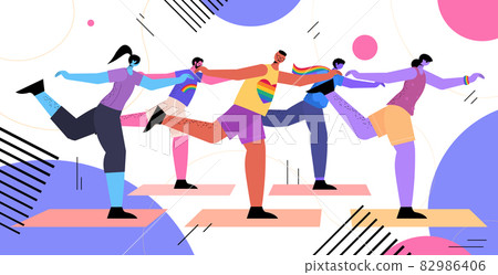 people doing stretching exercises LGBT parade pride festival transgender love concept full length horizontal vector illustration people doing stretching exercises LGBT parade pride festival transgender love concept full length horizontal vector illustration 82986406