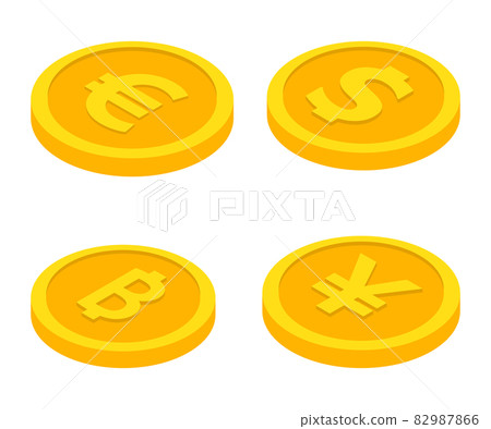 Set of coin icons. Dollar, euro, yuan, bitcoin. Currency symbols in isometric 3D style. Vector Set of coin icons. Dollar, euro, yuan, bitcoin. Currency symbols in isometric 3D style. Vector 82987866