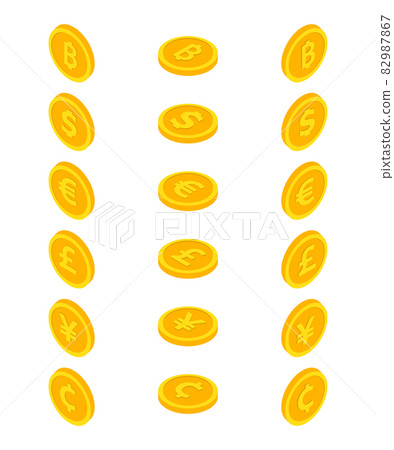 Set of coin icons. Coin dollar, euro, yuan, bitcoin, cent and centavo, pound sterling. Currency symbols in isometric 3d style. Vector 82987867
