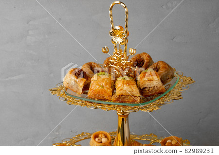 Variety of Turkish desserts served on cake stand Variety of Turkish desserts served on cake stand 82989231