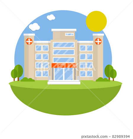Hospital with medical symbol on facade. Clinic for treatment of patients. Hospital with medical symbol on facade. Clinic for treatment of patients. 82989394