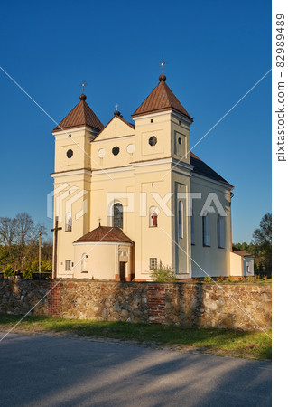 Old ancient catholic Church of St Michael the Archangel in Mikhalishki, Ostrovets district, Grodno region, Belarus. Old ancient catholic Church of St Michael the Archangel in Mikhalishki, Ostrovets district, Grodno region, Belarus. 82989489