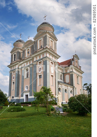 Old ancient catholic church of St. Judas Thaddeus at summer, Luchai village, Vitebsk region, Postavy district, Belarus. Old ancient catholic church of St. Judas Thaddeus at summer, Luchai village, Vitebsk region, Postavy district, Belarus. 82989501