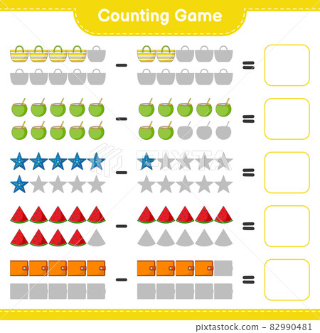 Counting game, count the number of Coconut, Starfish, Watermelon, Wallet, Beach Bag and write the result. Educational children game, printable worksheet, vector illustration Counting game, count the number of Coconut, Starfish, Watermelon, Wallet, Beach Bag and write the result. Educational children game, printable worksheet, vector illustration 82990481