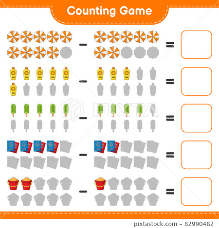Counting game, count the number of Sunscreen, Ice Cream, Passport, Sand Bucket, Beach Umbrella and write the result. Educational children game, printable worksheet, vector illustration 82990482