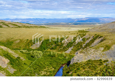 Summer landscape with river canyon, tundra and mountains. 82990839