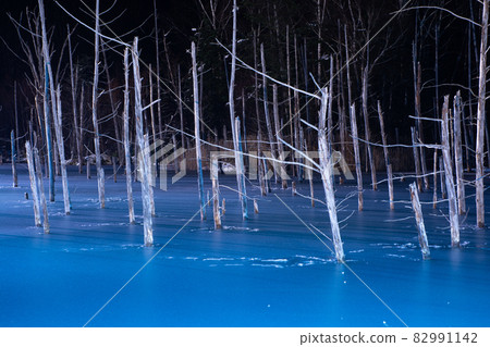 照亮冬天夢幻般的藍色池塘美瑛町 82991142