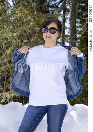 White sweatshirt mockup of a woman in denim jacket, model mockup White sweatshirt mockup of a woman in denim jacket, model mockup 82993953