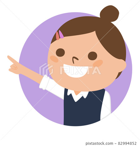 Illustration of a female student. A smiling girl pointing through a circular window. Illustration of a female student. A smiling girl pointing through a circular window. 82994852