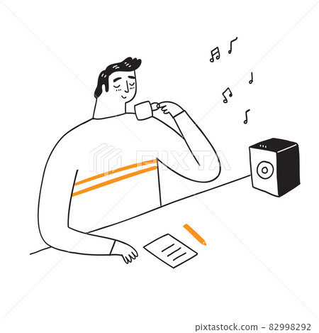 At coffee time, a young man sits and thinks about work. enjoy the music 82998292