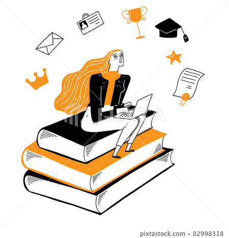 A beautiful girl sits dreaming of a beautiful future on a book. A beautiful girl sits dreaming of a beautiful future on a book. 82998318