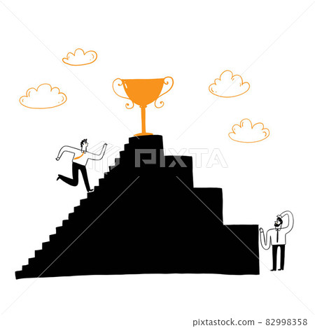 Business concept. Success. Competition, businessman going up the stairs towards the trophy 82998358