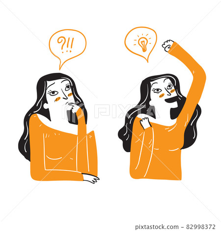 A beautiful woman is acting in doubt or emotion. Having a good idea, thinking about it. 82998372