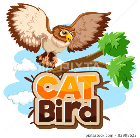 Owl on branch cartoon character with Cat Bird font banner isolated Owl on branch cartoon character with Cat Bird font banner isolated 82998622