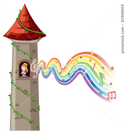 Princess in tower with melody symbol on rainbow wave Princess in tower with melody symbol on rainbow wave 82998668