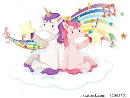 Two unicorns with melody symbols on rainbow Two unicorns with melody symbols on rainbow 82998701