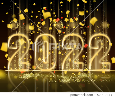 2022 New Year shiny gold color shiny numbers banner. Realistic text flash light, golden particles, glitter, sparkles dust, black background. Vector illustration greeting card 2022 New Year shiny gold color shiny numbers banner. Realistic text flash light, golden particles, glitter, sparkles dust, black background. Vector illustration greeting card 82999045