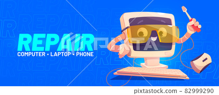 Repair service banner with computer character 82999290