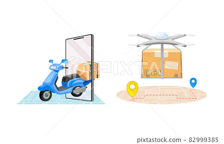 Online delivery service set. Scooter delivering parcel box. Order tracking technology and logistics concept vector illustration Online delivery service set. Scooter delivering parcel box. Order tracking technology and logistics concept vector illustration 82999385