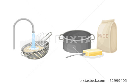 Rice cooking process set. Rinsing rice with running water and cooking ingredients vector illustration Rice cooking process set. Rinsing rice with running water and cooking ingredients vector illustration 82999403