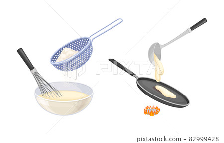 Pancakes cooking process set. Mixing ingredients and frying pancakes in pan vector illustration Pancakes cooking process set. Mixing ingredients and frying pancakes in pan vector illustration 82999428