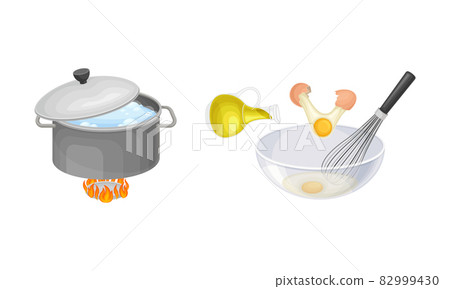 Pasta cooking process set. Boiling pasta in pan and whisking eggs in bowl vector illustration Pasta cooking process set. Boiling pasta in pan and whisking eggs in bowl vector illustration 82999430