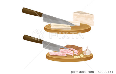 Pasta cooking process set. Slicing ham and cheese on wooden board vector illustration Pasta cooking process set. Slicing ham and cheese on wooden board vector illustration 82999434
