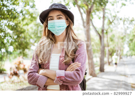 Coronavirus. Asian woman putting on a medical disposable mask to avoid viruses. Coronavirus. Asian woman putting on a medical disposable mask to avoid viruses. 82999927