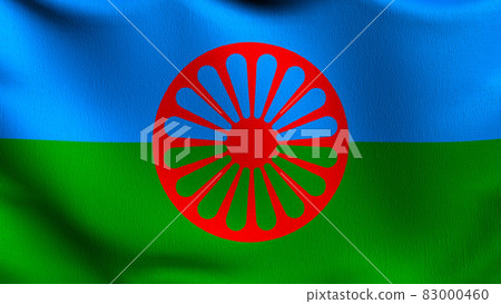 Romani Peoples flag blowing in the wind. 3D rendering illustration of waving sign Romani Peoples flag blowing in the wind. 3D rendering illustration of waving sign 83000460