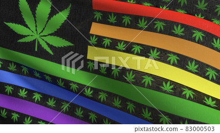 Rainbow Weed flag blowing in the wind. 3D rendering illustration of waving sign 83000503