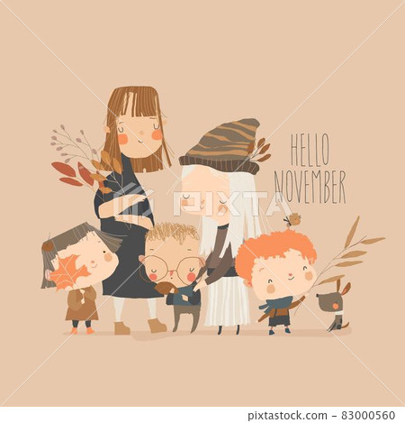 Cute Cartoon Children holding Colorful Leaves. Hello November Cute Cartoon Children holding Colorful Leaves. Hello November 83000560