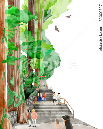 與神社鳥居門的風景手寫水彩風格插圖 83000737