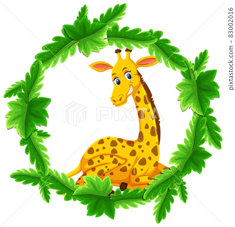 Round green leaves banner template with a giraffe cartoon character 83002016