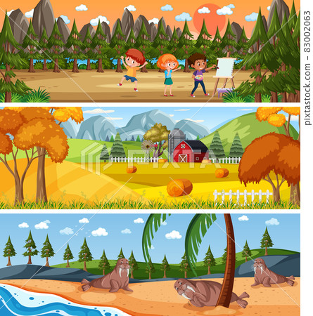 Different nature landscape at daytime scene with cartoon character Different nature landscape at daytime scene with cartoon character 83002063
