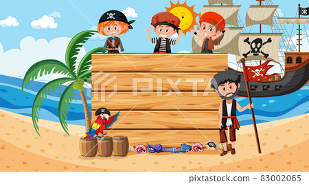 Pirate kids at the beach daytime scene with an empty banner template 83002065